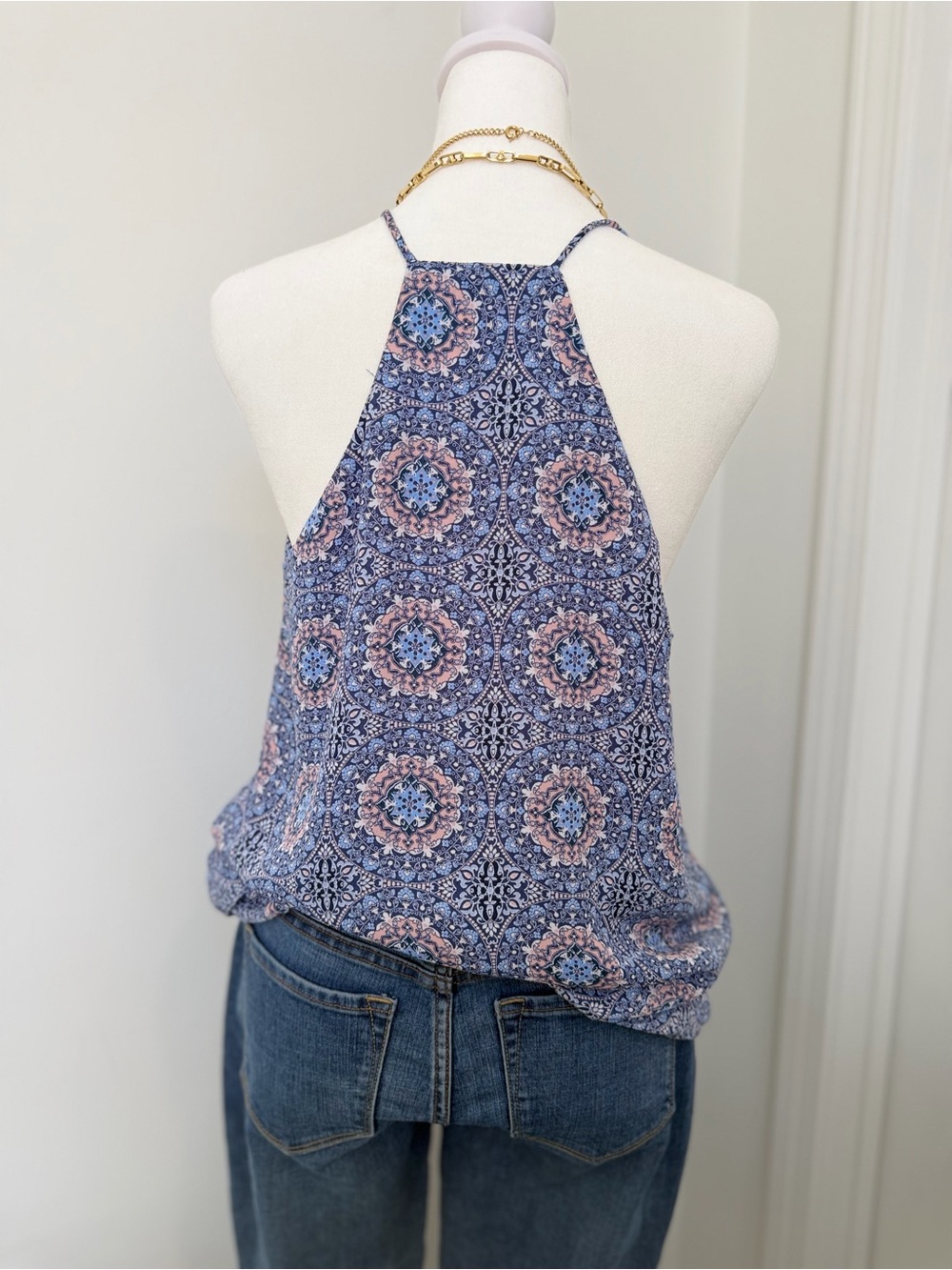 Paper Crane Medallion Print Halter Tank Top Blue Pink Boho Flowy Medium - Picture 4 of 9